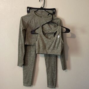 Green 3 Piece workout set leggings with cropped long-sleeve top and Sports Bra